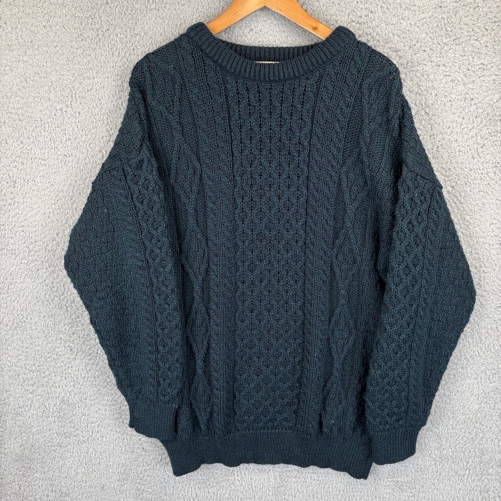 Aran Crafts Sweater Mens 2XL Green Blue Cable Knit Fisherman 100% Wool Ireland